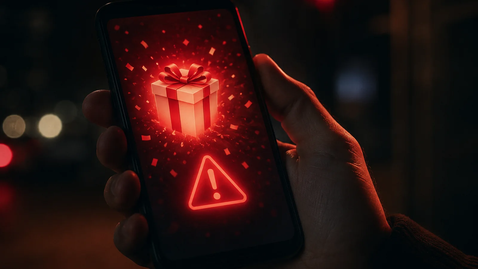 A smartphone screen showing a suspicious 'You won!' phishing message with a red warning glow