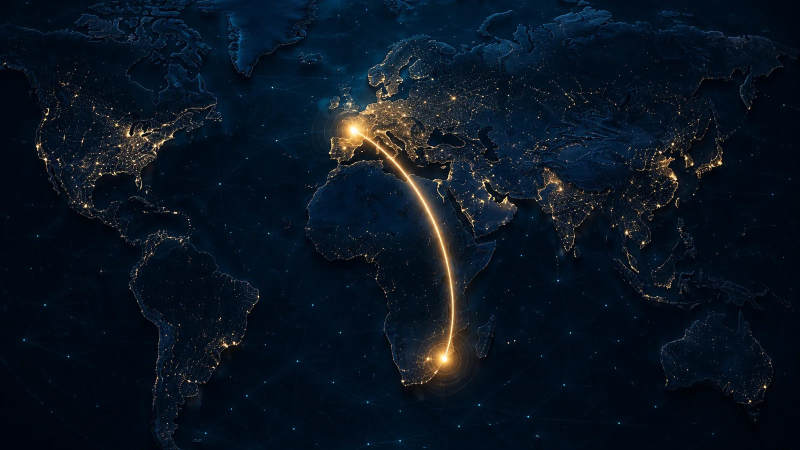 A glowing arc on a dark world map connecting France and South Africa, representing the legal betting route