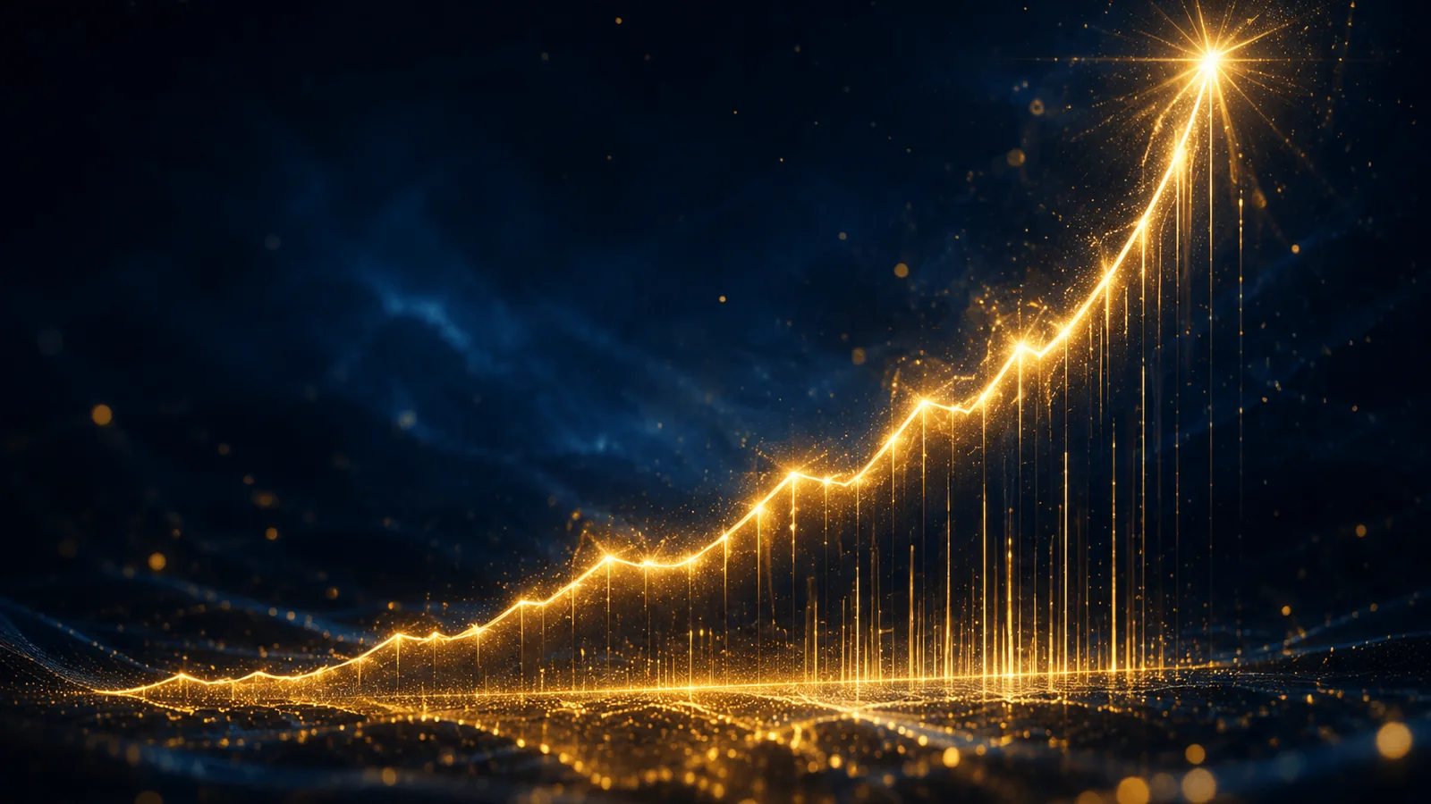 An upward trending graph made of glowing light symbolising a lottery jackpot climbing over successive draws