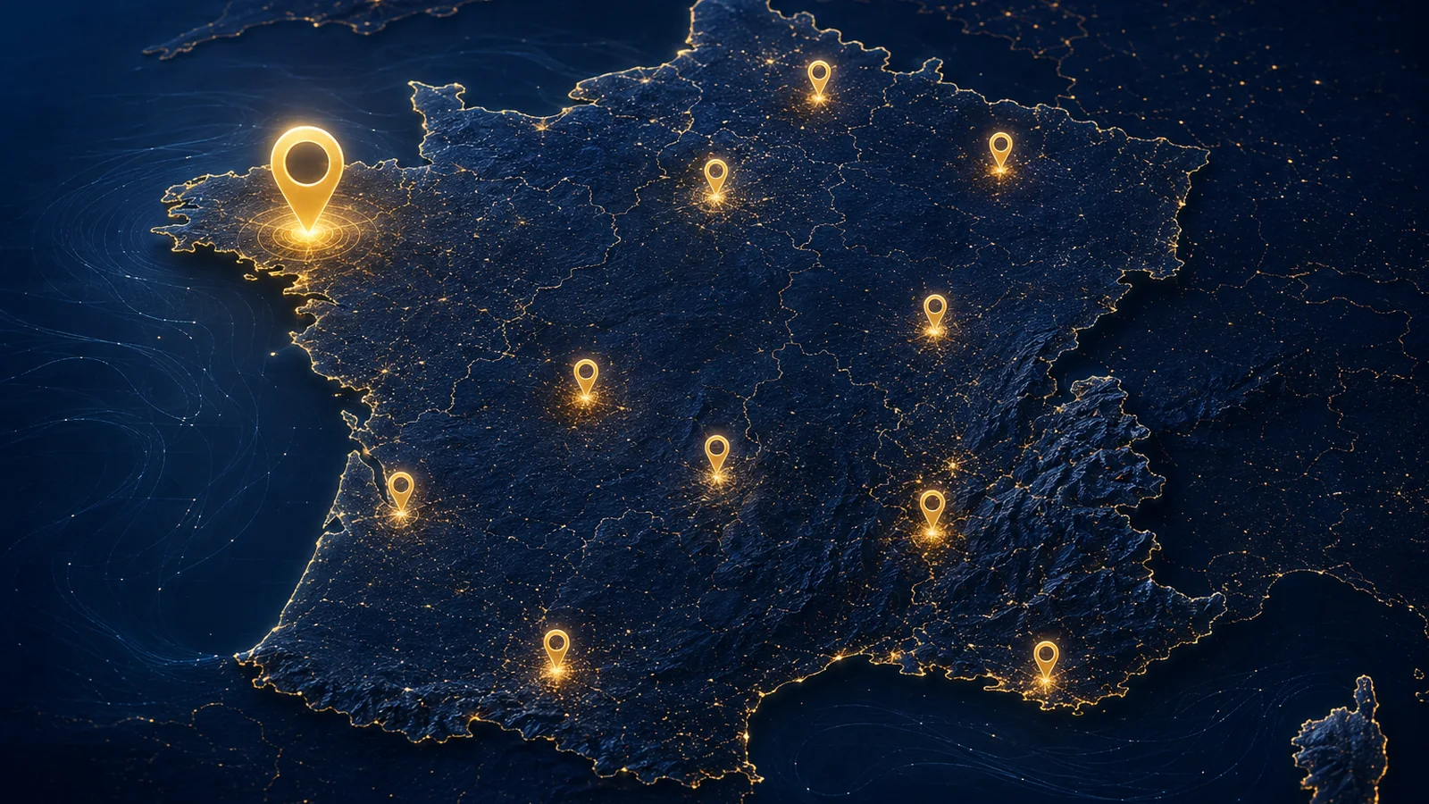Stylised map of France with glowing pins marking cities where the largest Loto jackpots were won