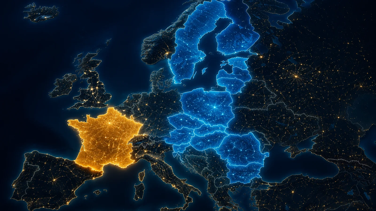 A glowing night map of Europe with France highlighted in one colour and nine EuroMillions countries in another, showing national versus pan-European lottery reach