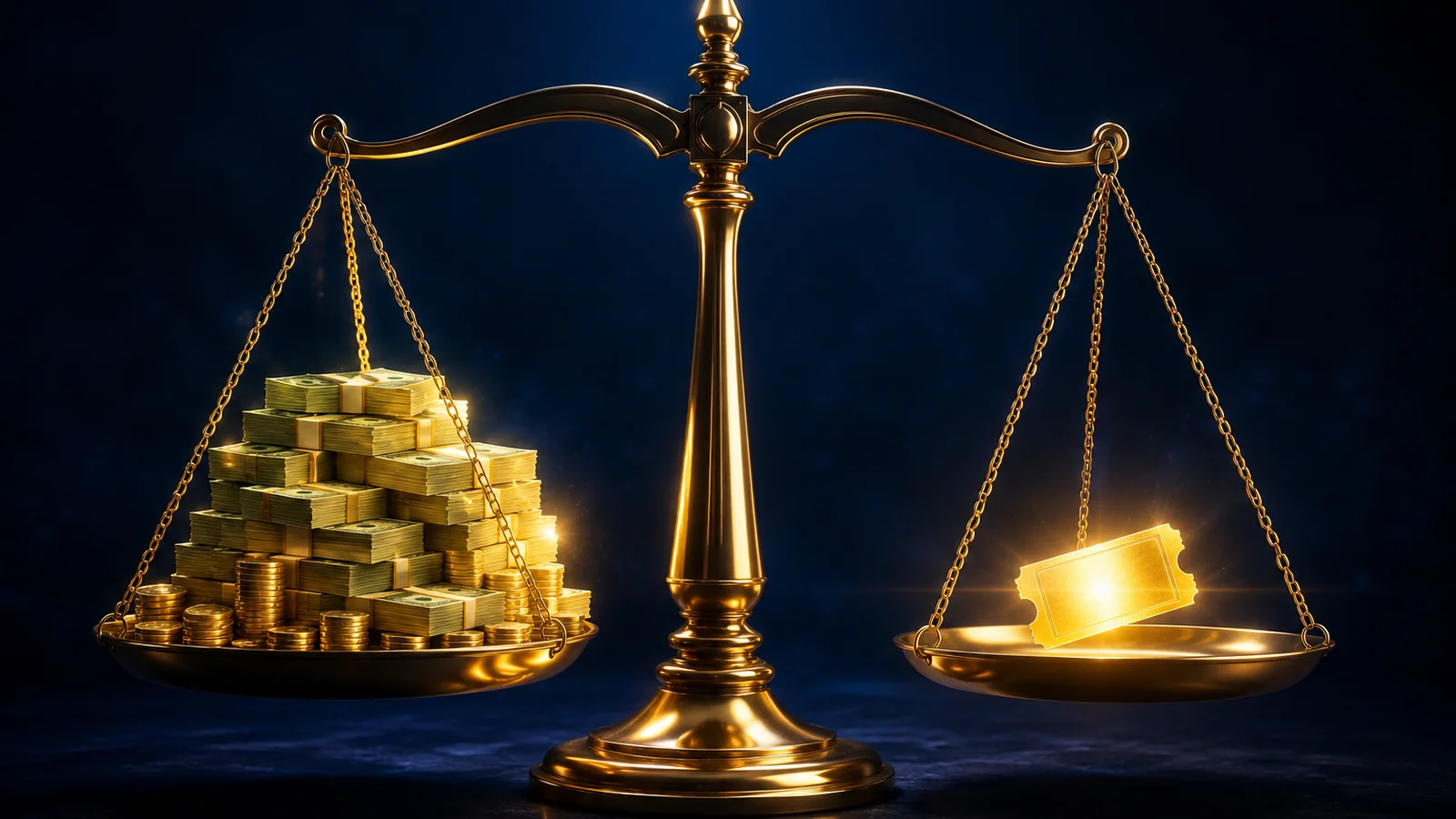 A balance scale weighing a large glowing pile of money on one side against a small bright lottery ticket on the other, representing the tradeoff between bigger jackpots and better odds