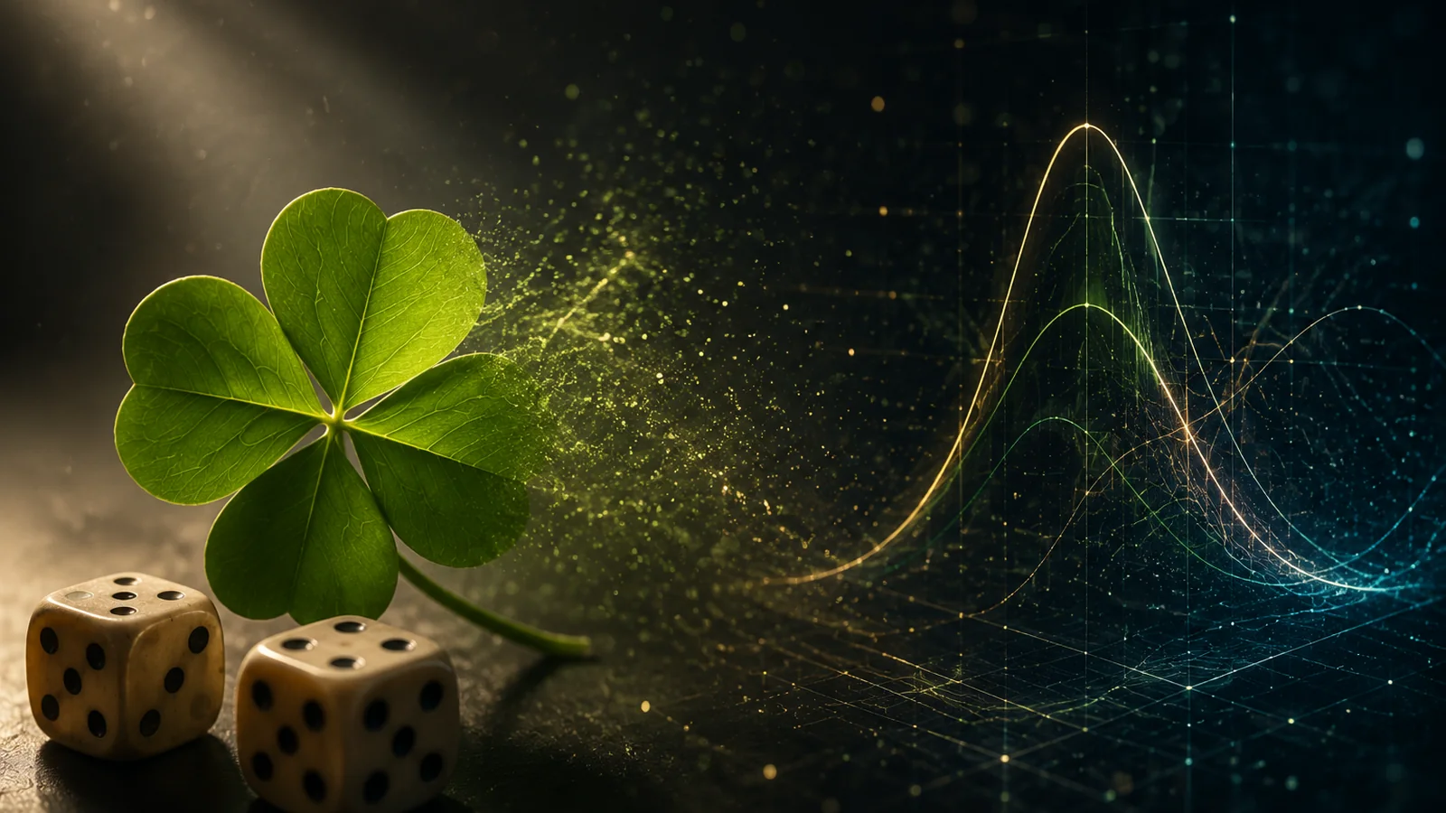 Brass dice on velvet beside a handwritten probability calculation, illustrating France Lotto lucky numbers against the math.