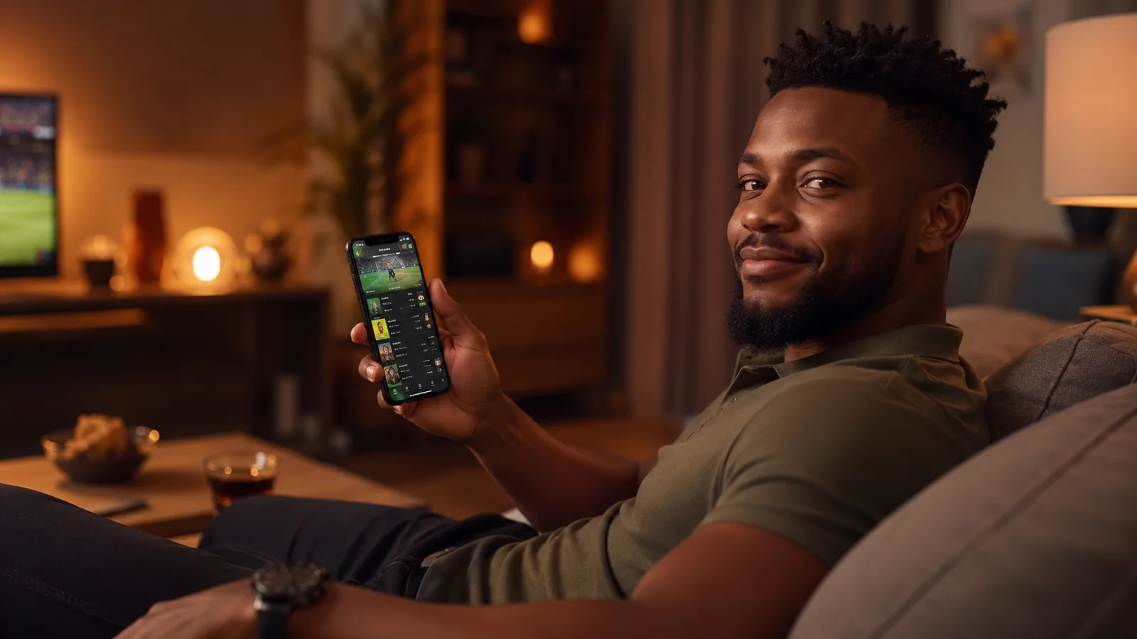A relaxed South African person holding a smartphone in a home evening setting, displaying a France Lotto fixed-odds bet slip in rand on the screen.