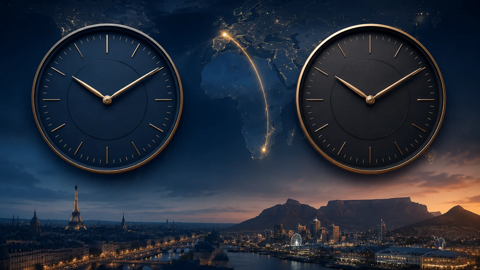 Two clock faces side by side, one showing Paris evening time and one showing Cape Town evening time, connected by an arc over a faint map of France and South Africa.