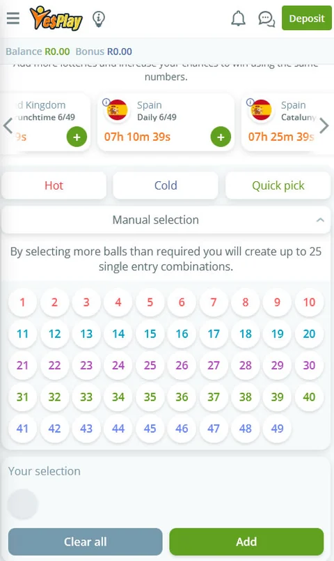 YesPlay's mobile Lucky Numbers screen: a colour-coded grid of numbers 1 to 49 with Hot, Cold and Quick pick options.